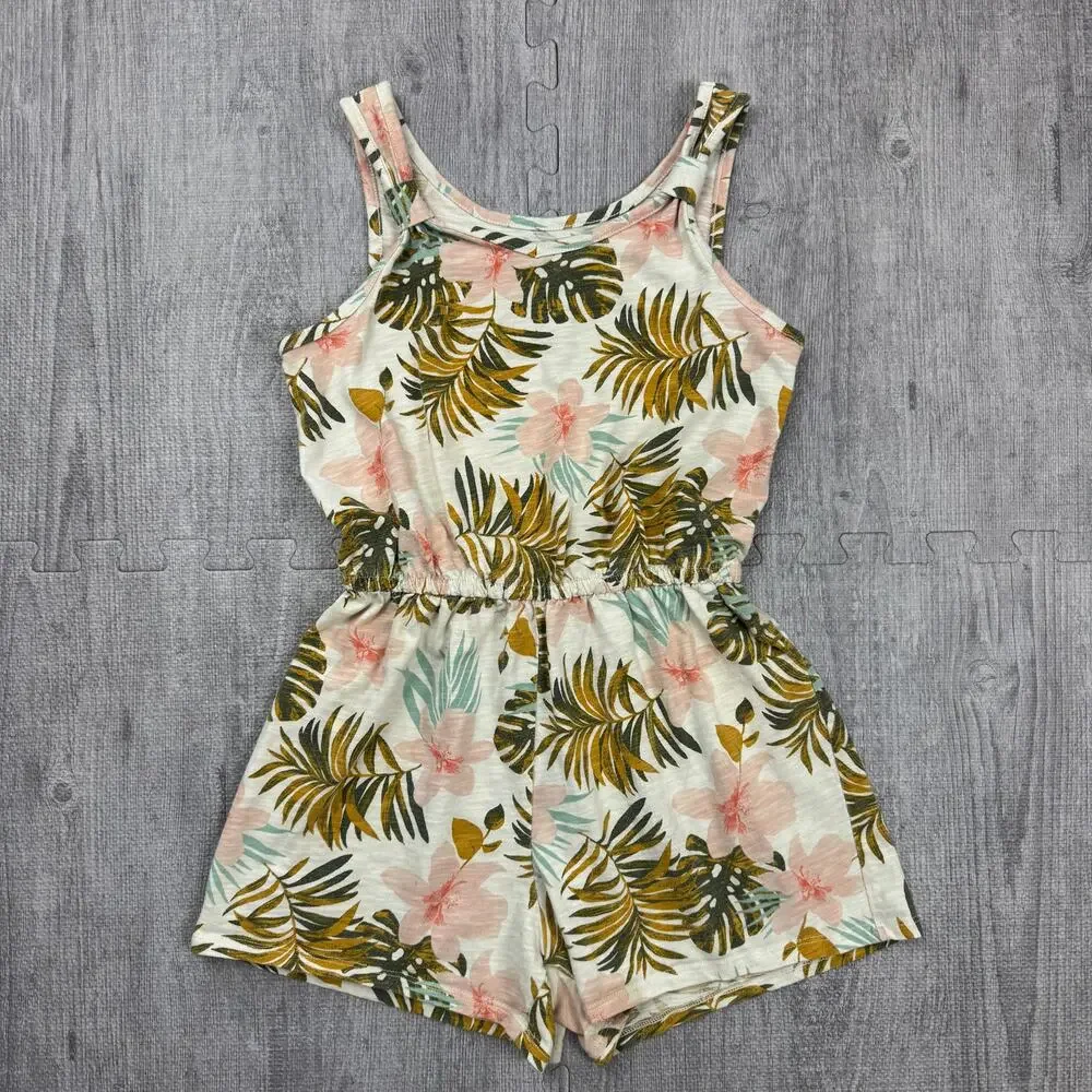 SO Girl's Cream Floral Palm Hibiscus Romper Sz L 10/12 Tropical Beachy Summer